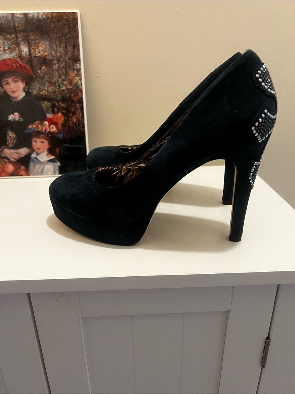 Reba Black Suede Platform High Heels with Rhinestone Accent
